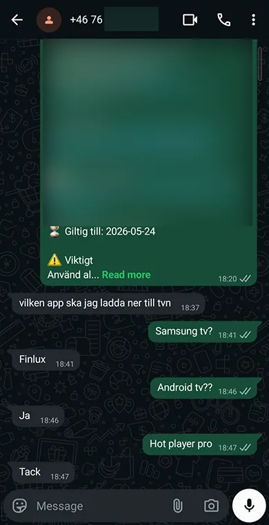 Nordic IPTV kundrecension via WhatsApp